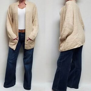 VINTAGE 70s Country Craft Buttercream Ribbed Knit Standing Collar Open Cardigan
